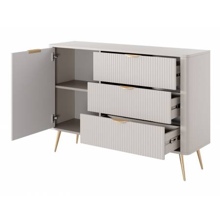 Komoda 138 cm szuflady ryflowane fronty beż + złoty zaokrąglone boki  LANETT